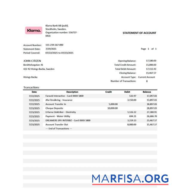 Швеция Klarna Банковский Выписка из банка Word образец