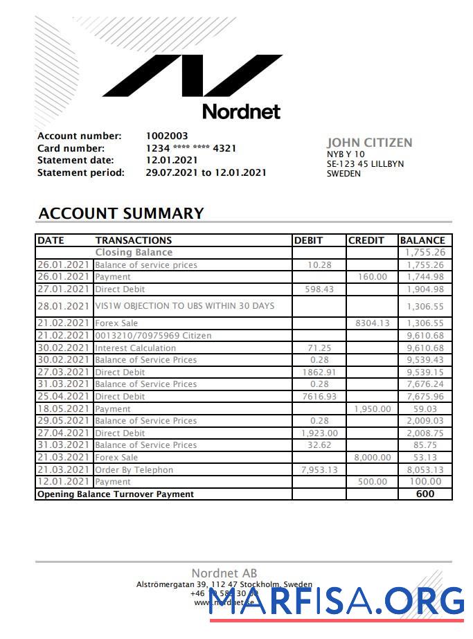 Швеция Nordnet AB Банковский Выписка из банка Excel образец