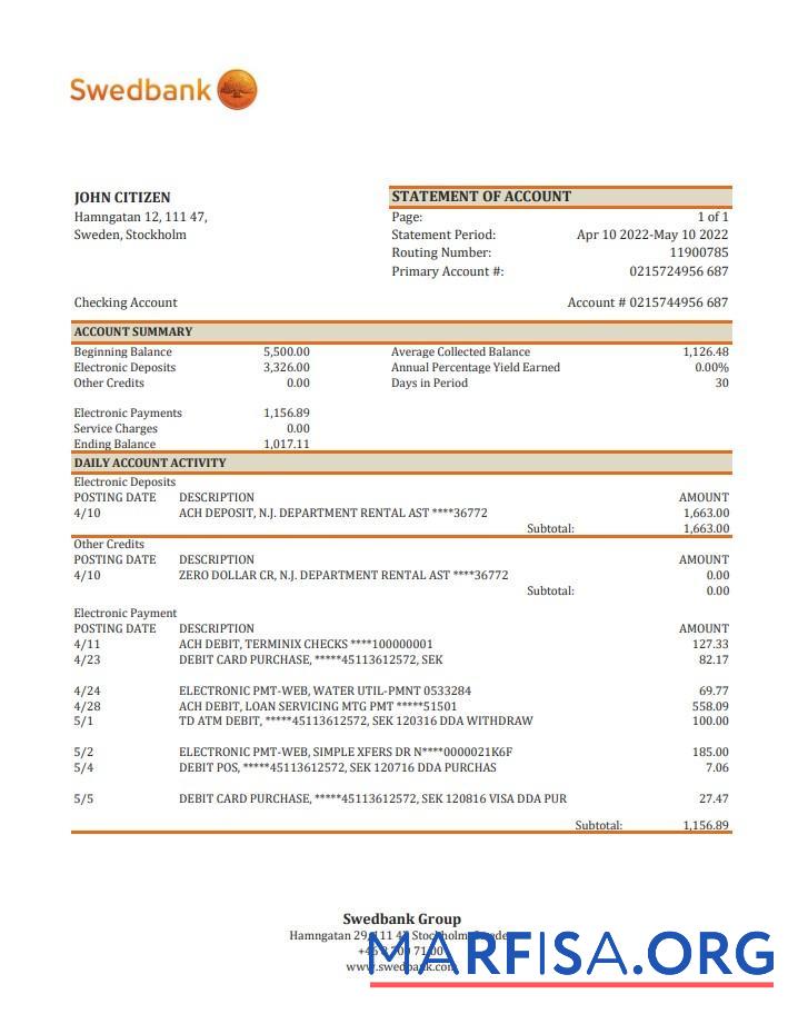 Швеция Swedbank Банковский Выписка из банка Excel образец