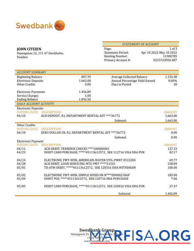 Швеция Swedbank Банковский Выписка из банка Word шаблон