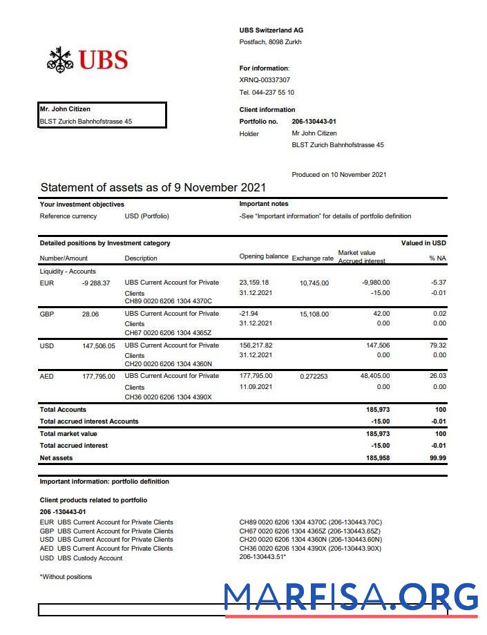 Швейцария UBS Банковский Выписка из банка Excel version2 предпросмотр