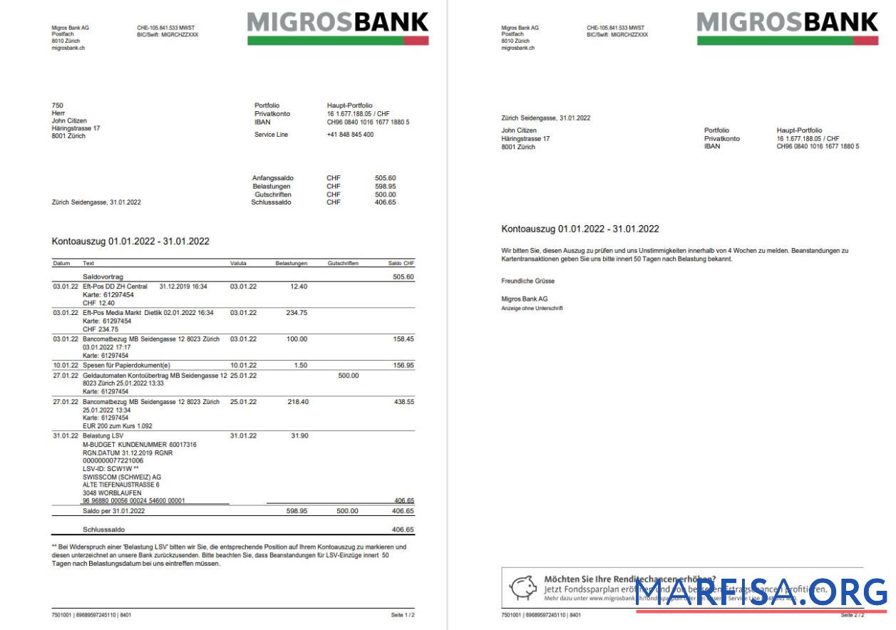 Швейцария Migrosbank Выписка из банка Word 2 pages образец
