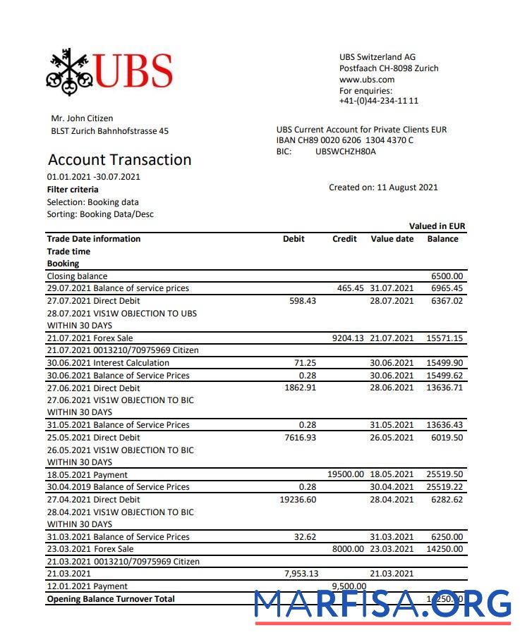 Швейцария UBS Банковский Выписка из банка Excel предпросмотр