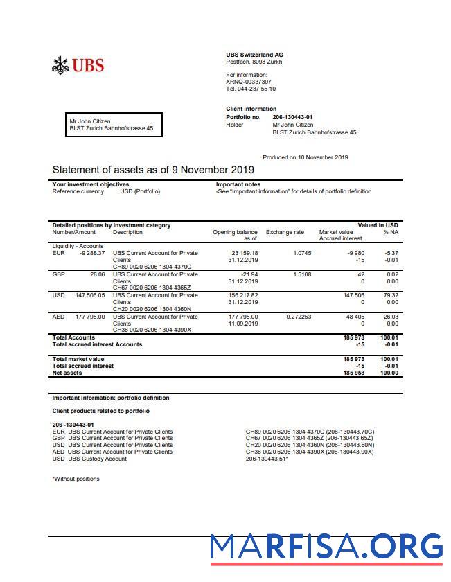 Швейцария UBS Банковский Выписка из банка Word Версия 2 дизайн