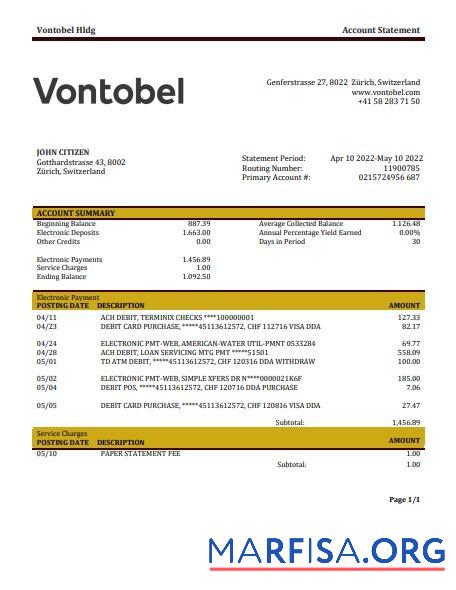 Швейцария Vontobel Банковский Выписка из банка Word дизайн