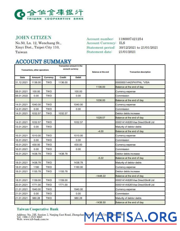 Тайвань Cooperative Банковский Выписка из банка Excel макет
