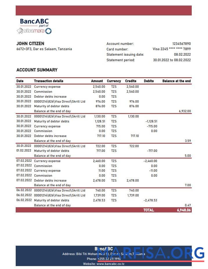 Танзания BancABC Банковский Выписка из банка Excel предпросмотр