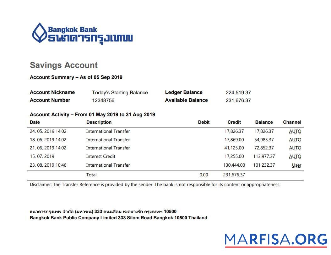 Таиланд Bangkok Банковский Savings Аккаунт Выписка из банка Word предпросмотр