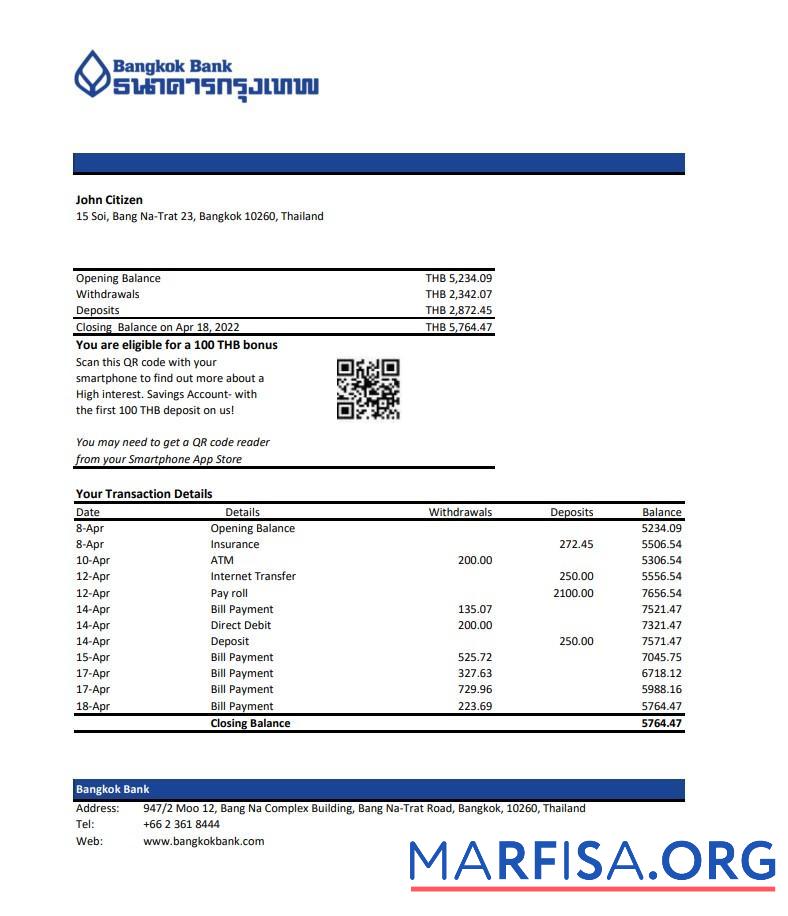 Таиланд Bangkok Банковский Выписка из банка Excel Версия 1 шаблон