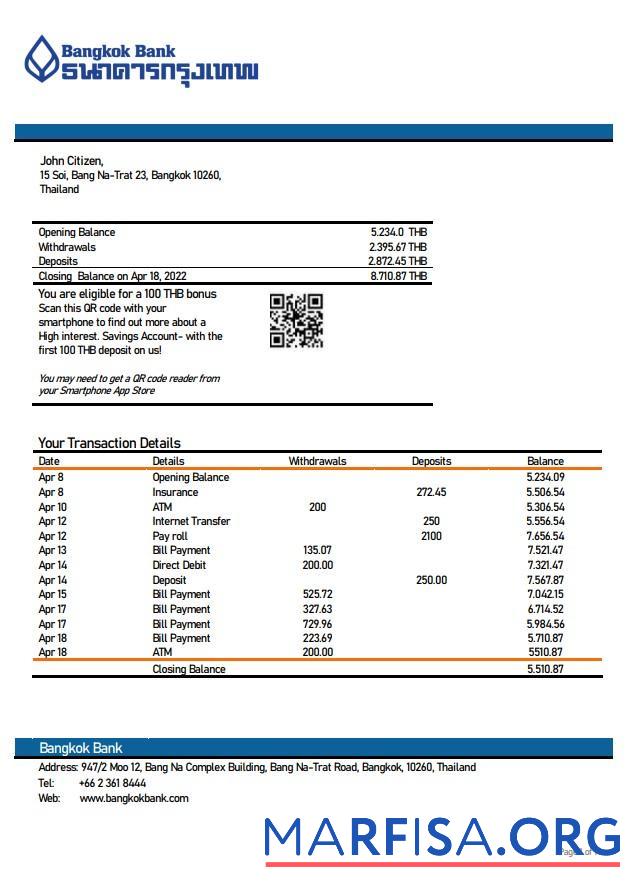 Таиланд Bangkok Банковский Выписка из банка Excel Версия 2 предпросмотр
