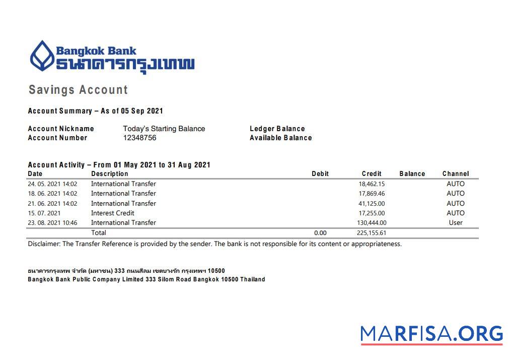 Таиланд Bangkok Банковский Выписка из банка Excel образец