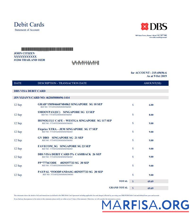 Таиланд DBS Банковский proof of address Выписка из банка Word предпросмотр