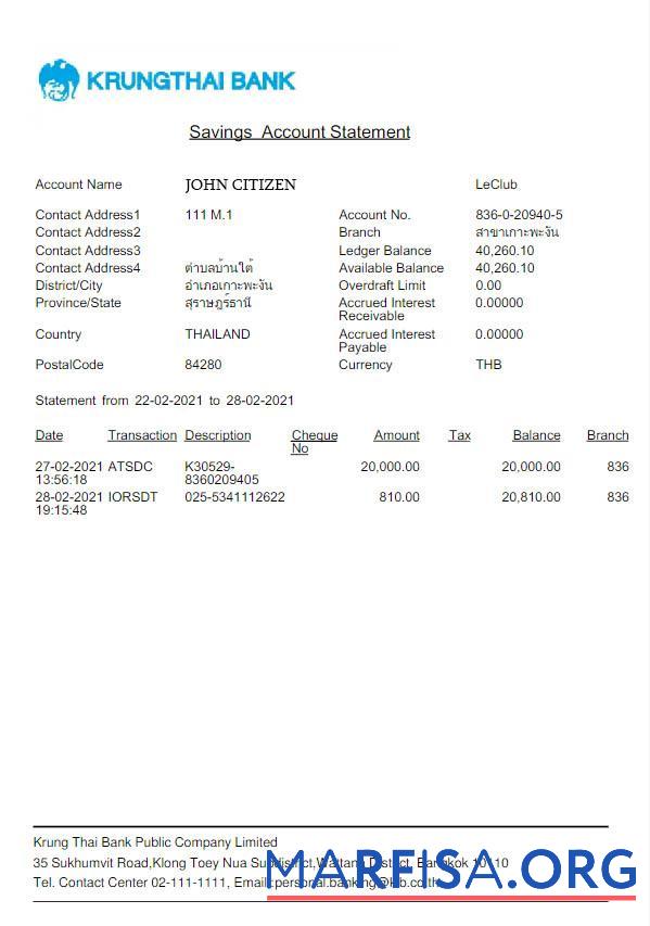 Таиланд Krungthai Банковский Выписка из банка Excel макет