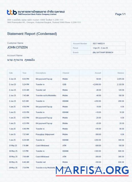 Таиланд┬áTMBThanachart Банковский Выписка из банка Word дизайн