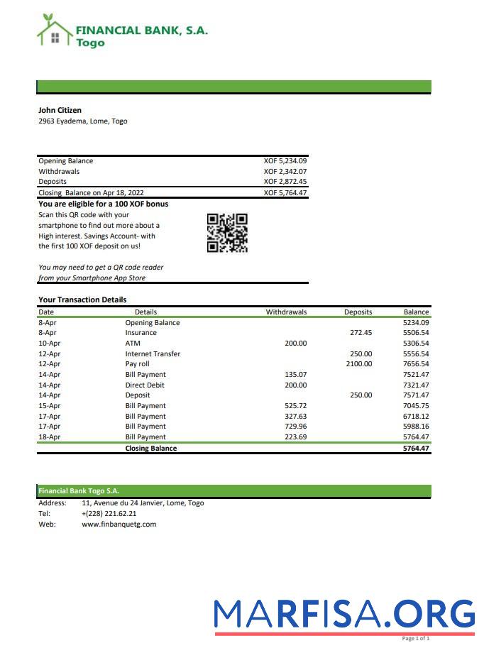 Того Financial Банковский Выписка из банка Excel образец