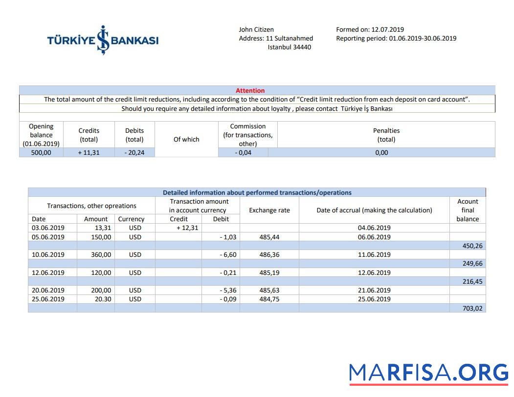 Турция Bankasi Банковский proof of address Выписка из банка Word предпросмотр