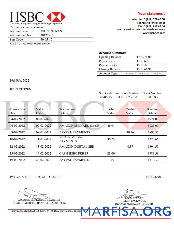 Турция HSBC Банковский Выписка из банка Word образец