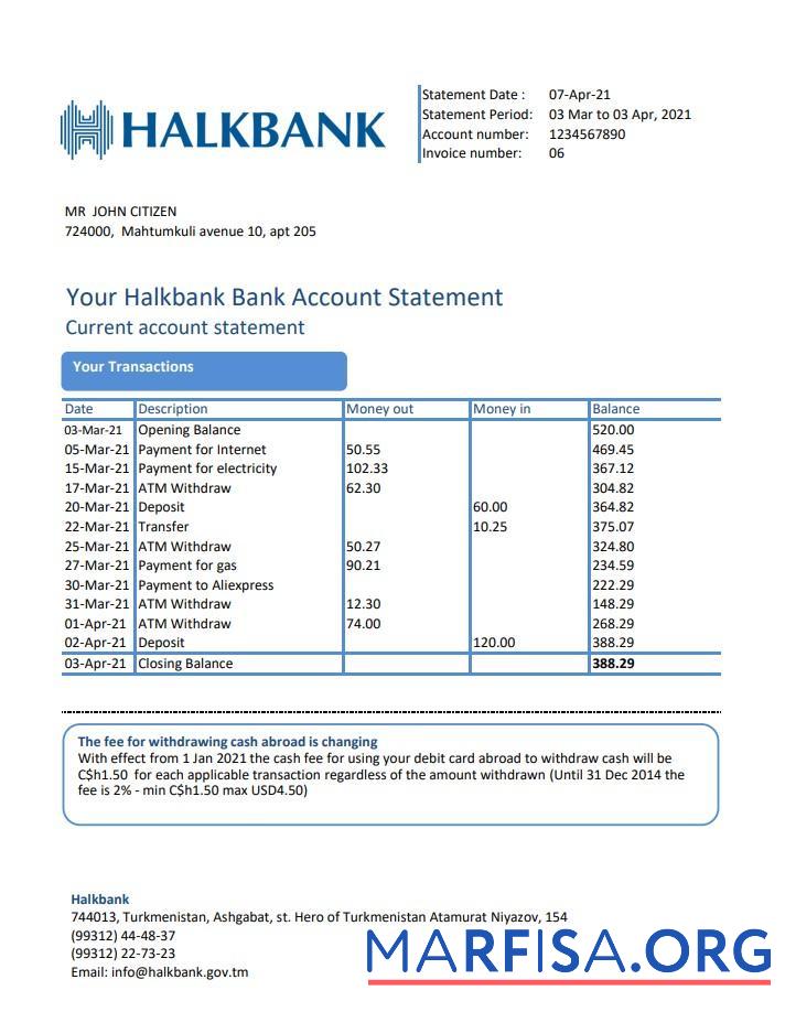Туркменистан Halkbank proof of address Банковский Выписка из банка Excel шаблон