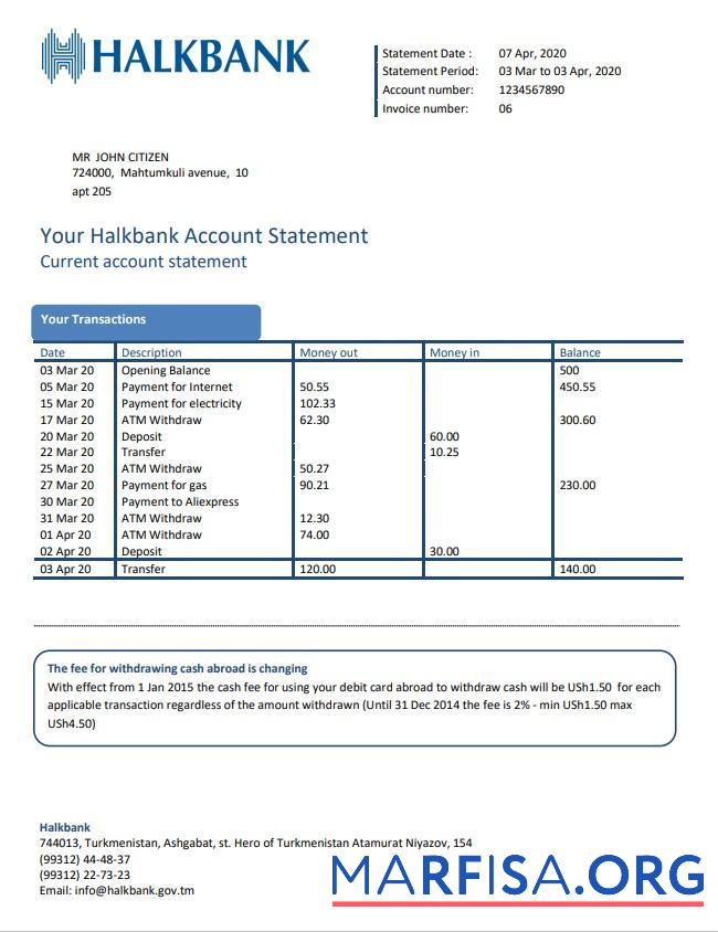Туркменистан Halkbank proof of address Банковский Выписка из банка Word шаблон