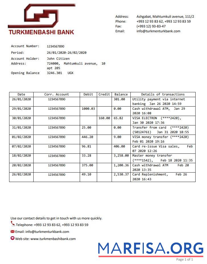 Туркменистан Turkmenbashi Банковский Выписка из банка Word предпросмотр