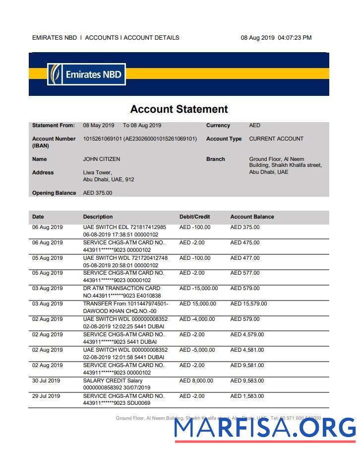 ОАЭ Abu Dhabi Emirates NBD Банковский Выписка из банка Word предпросмотр