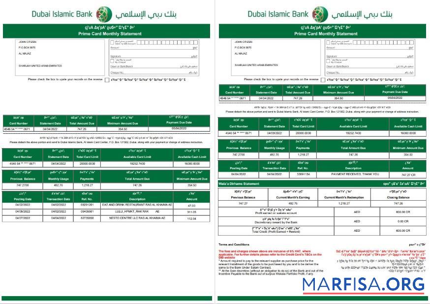 ОАЭ Dubai Islamic Банковский Выписка из банка Word 3 pages макет