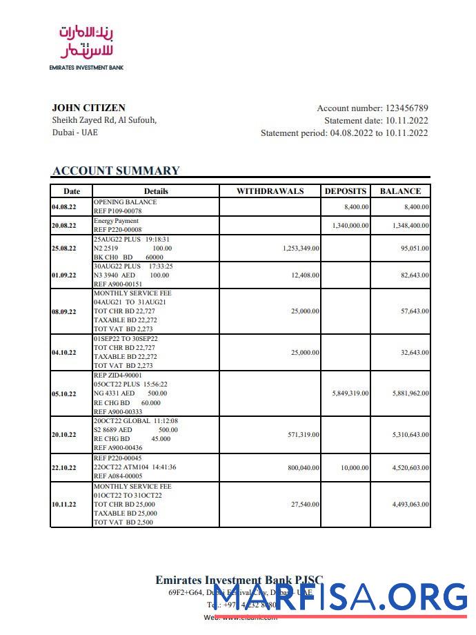 ОАЭ Emirates Инвестиция Банковский Выписка из банка Excel образец