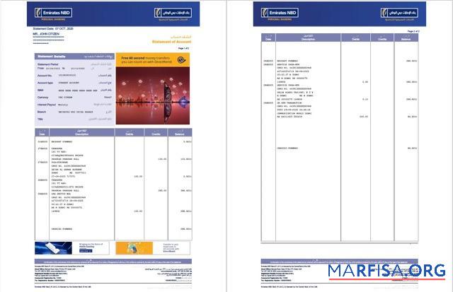 ОАЭ Emirates NBD Банковский Выписка из банка of Аккаунт Word 2 pages макет