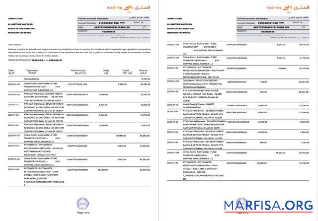 ОАЭ Mashreq Аккаунт Выписка из банка Word 2 pages макет