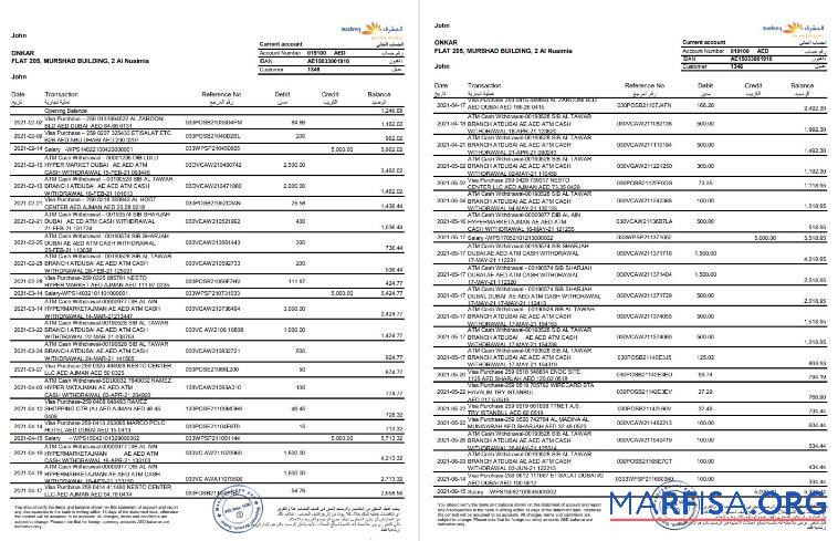 ОАЭ Mashreq Банковский Выписка из банка Excel шаблон