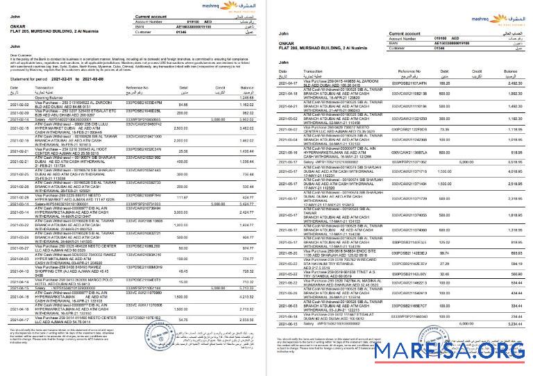 ОАЭ Mashreq Банковский Выписка из банка Word 3 pages образец