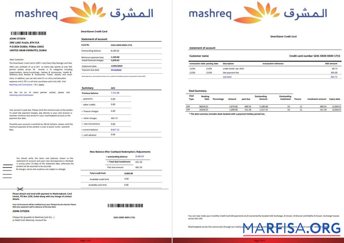 ОАЭ Mashreq Банковский Выписка из банка Word 4 pages шаблон