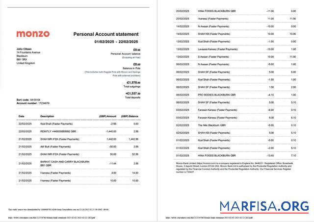Великобритания Monzo Банковский Аккаунт Выписка из банка Word 2 pages предпросмотр