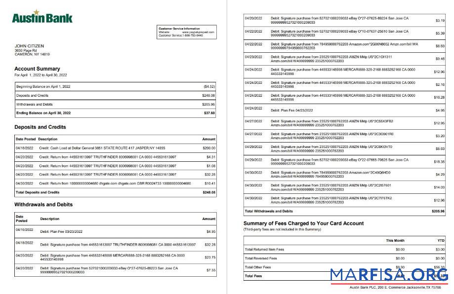 США Austin Банковский Выписка из банка Word 2 pages дизайн