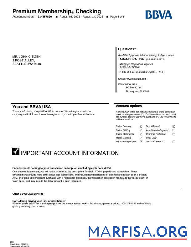 США BBVA Банковский Выписка из банка Word 5 pages дизайн