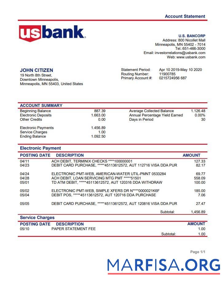 США Bancorp Банковский proof of address Выписка из банка Word предпросмотр