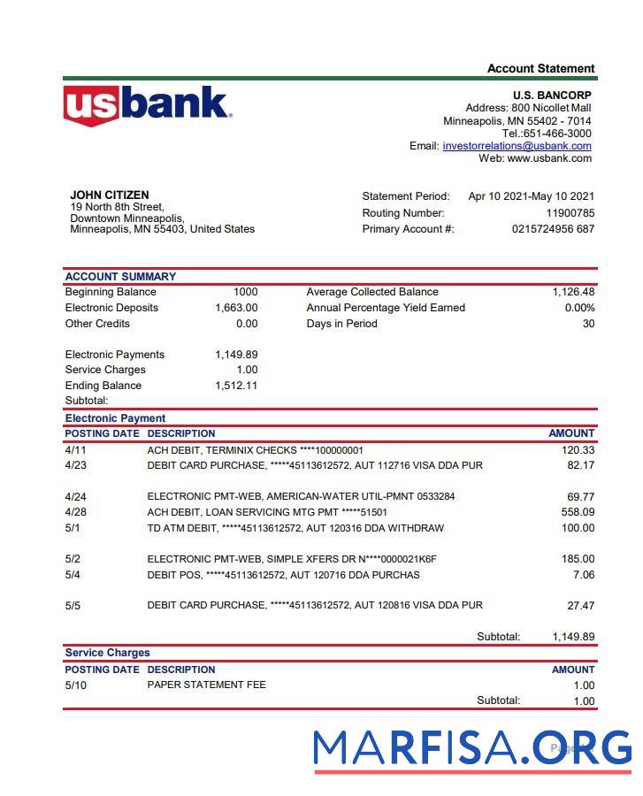США Bancorp Банковский Выписка из банка Excel шаблон