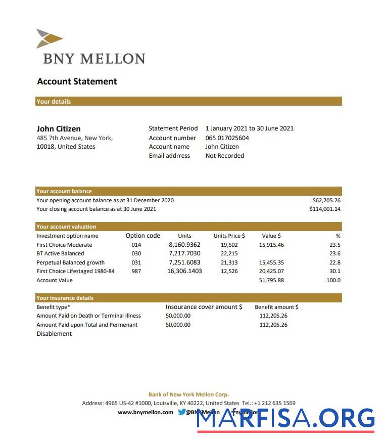 США Банковский of Новый York Mellon Банковский Выписка из банка Excel макет