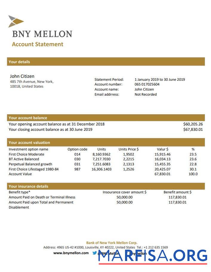 США Банковский of Новый York Mellon proof of address Банковский Выписка из банка Word образец