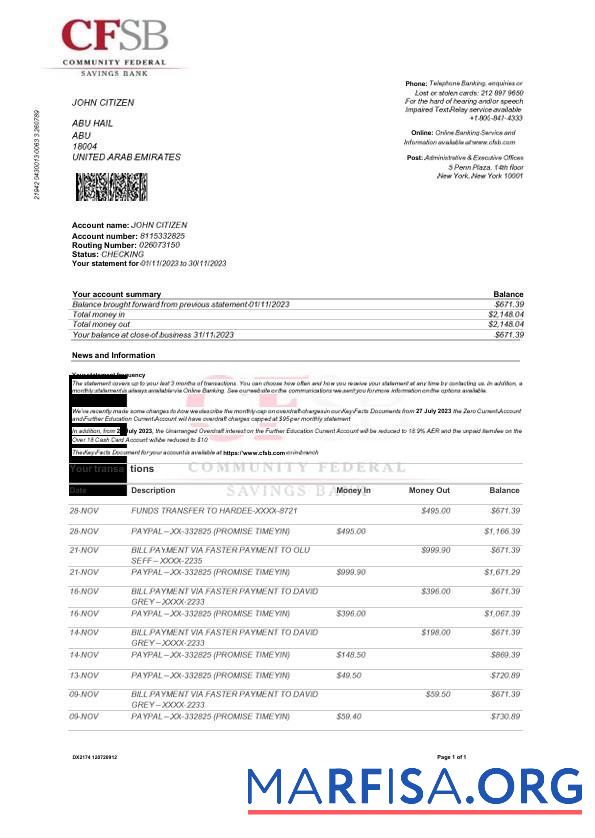 США CFSB Банковский Выписка из банка Word предпросмотр