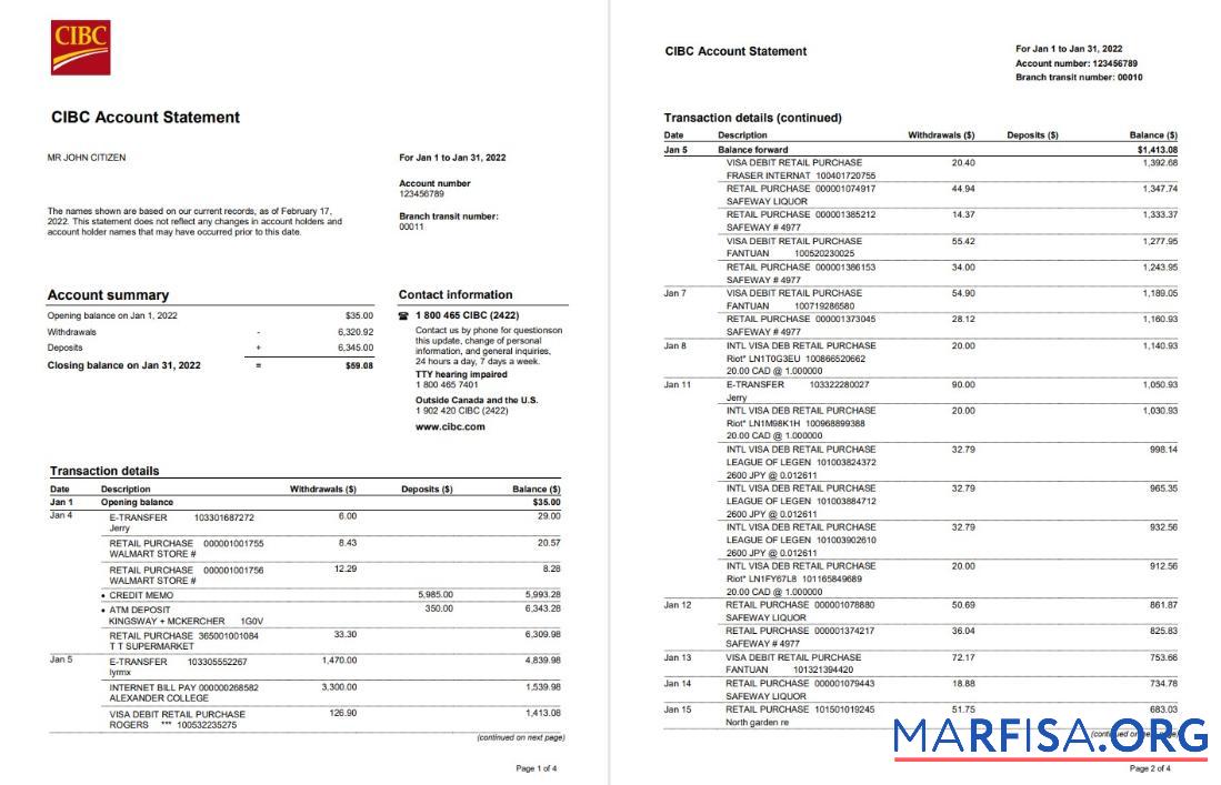 США CIBC Банковский Выписка из банка Word 4 pages макет