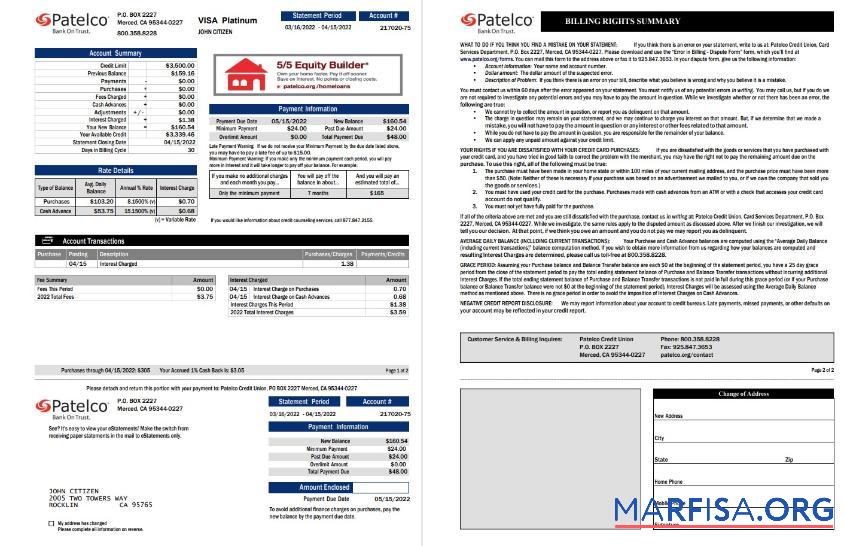 США California Patelco Банковский Карта Выписка из банка Word 2 pages шаблон