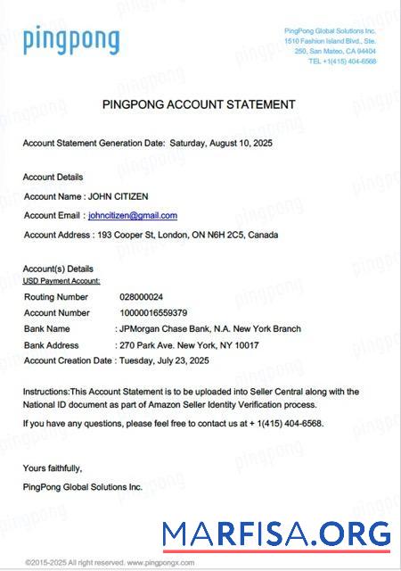 США California PingPong Global Solutions Inc┬áАккаунт Выписка из банка┬áWord макет