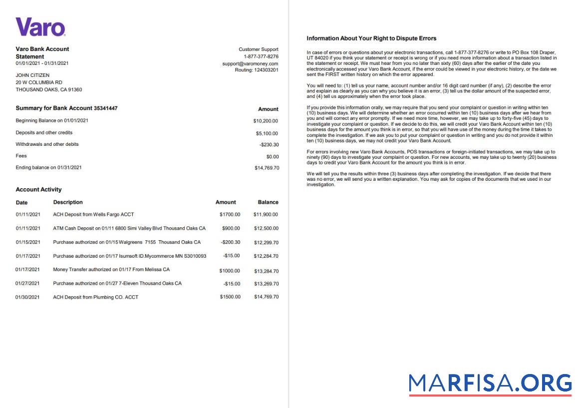 США California Varo Банковский Выписка из банка Word 2 pages макет
