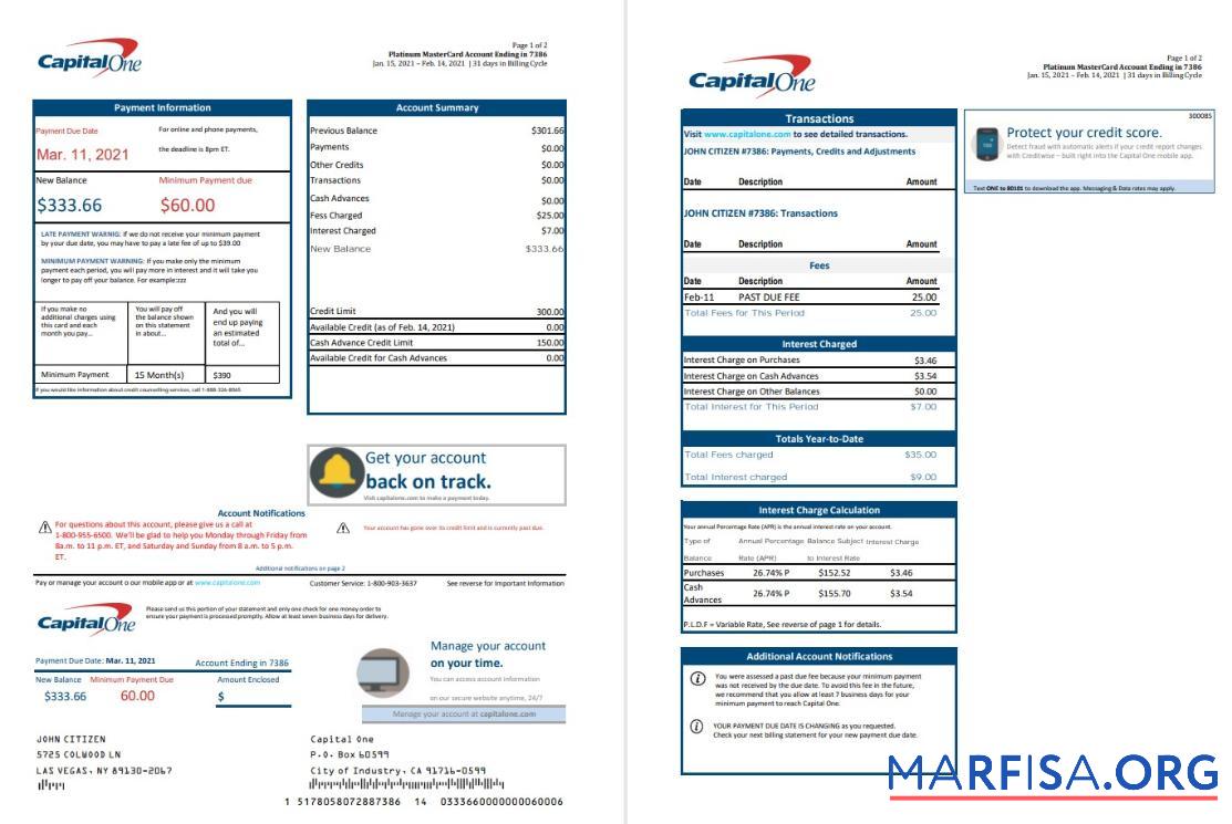 США Capital One Банковский Выписка из банка Excel (2 pages) Версия 3 макет