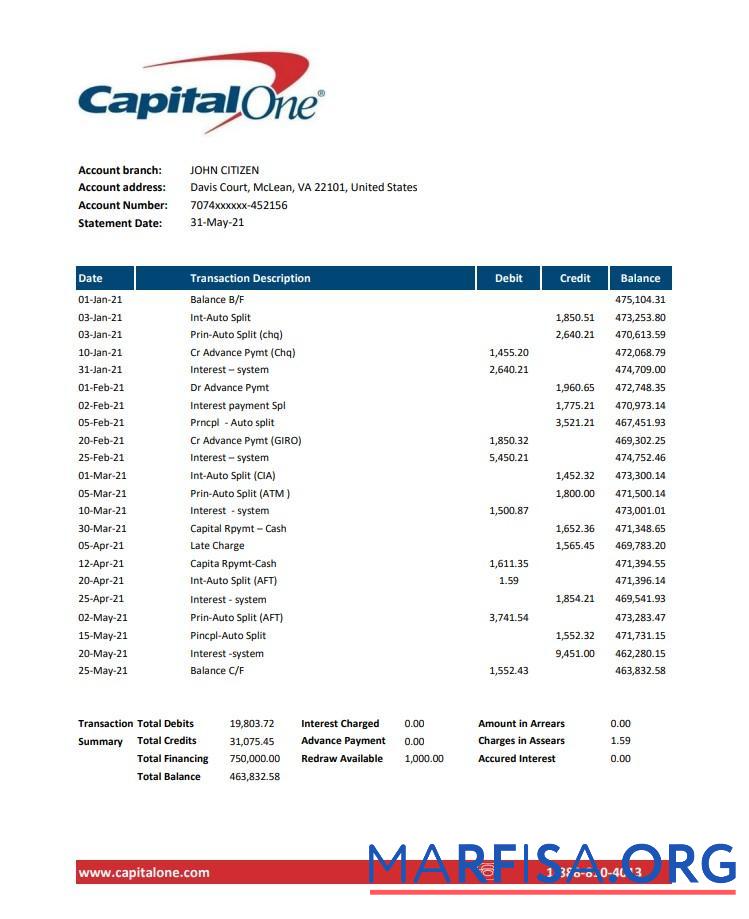 США Capital One Банковский Выписка из банка Excel дизайн