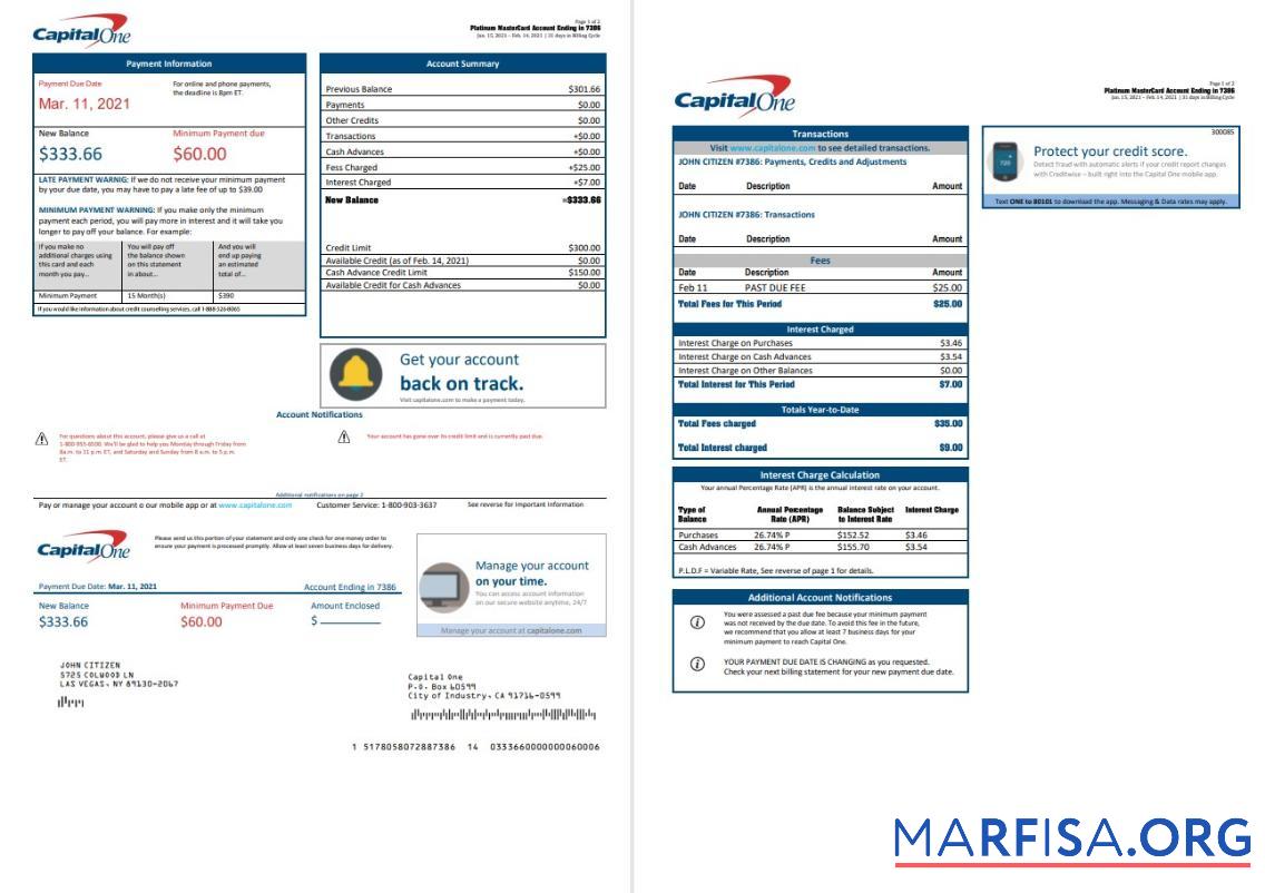США Capital One Банковский Выписка из банка Word (2 pages) Версия 3 предпросмотр