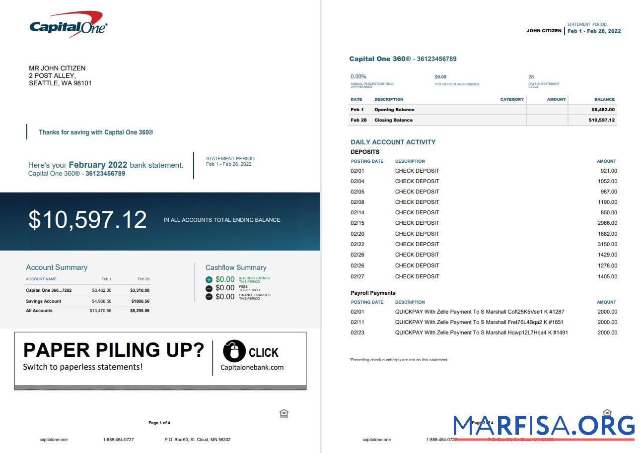 США Capital One Банковский Выписка из банка Word 4 pages дизайн