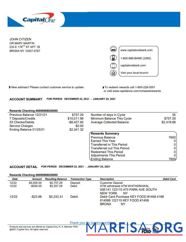 США Capital One Банковский Выписка из банка Word Версия 4 предпросмотр