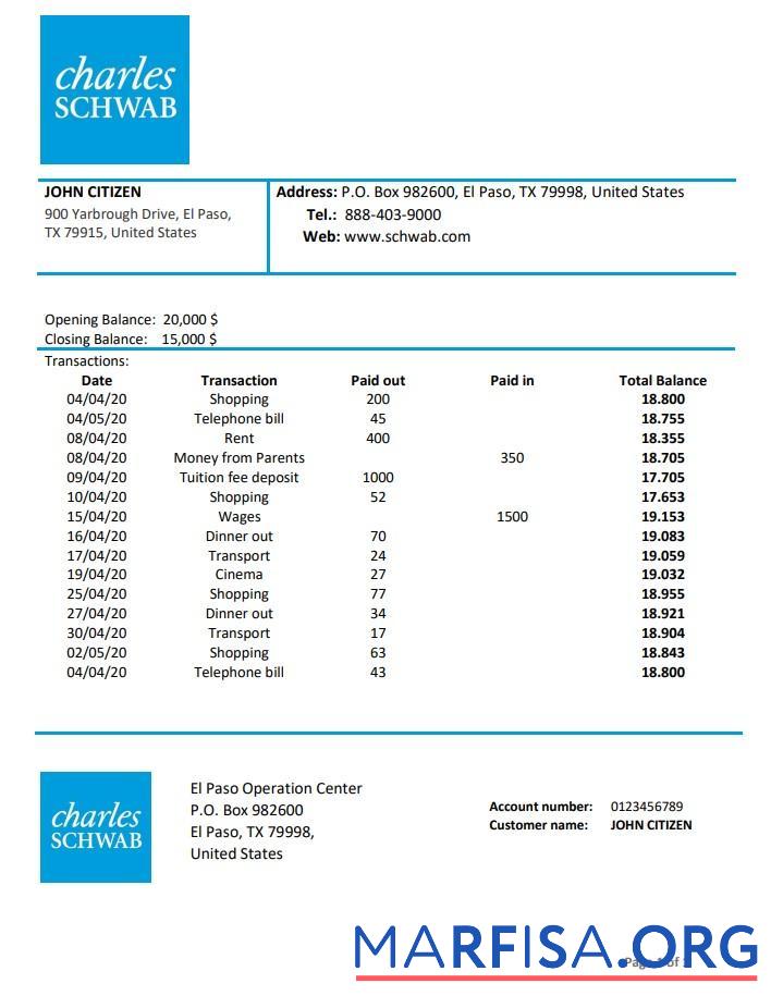 США Charles Schwab & Co Банковский proof of address Выписка из банка Word предпросмотр